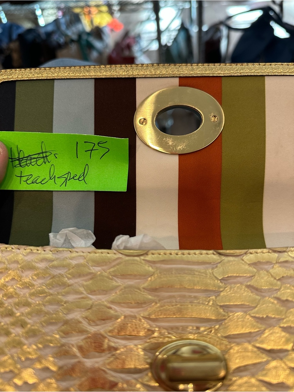Coach Textured Clutch Bag with Multicolor Stripe Interior